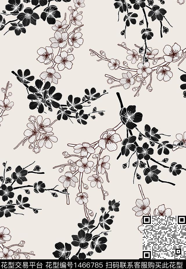 花卉小碎花黑白华亿平台数码印花华亿平台下载（图片编号: 1466785） - 瓦栏（Walan）
