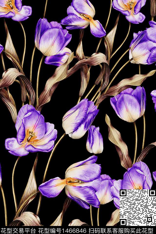 水彩绿植树叶黑底花卉数码印花华亿平台下载（图片编号: 1466846） - 瓦栏（Walan）