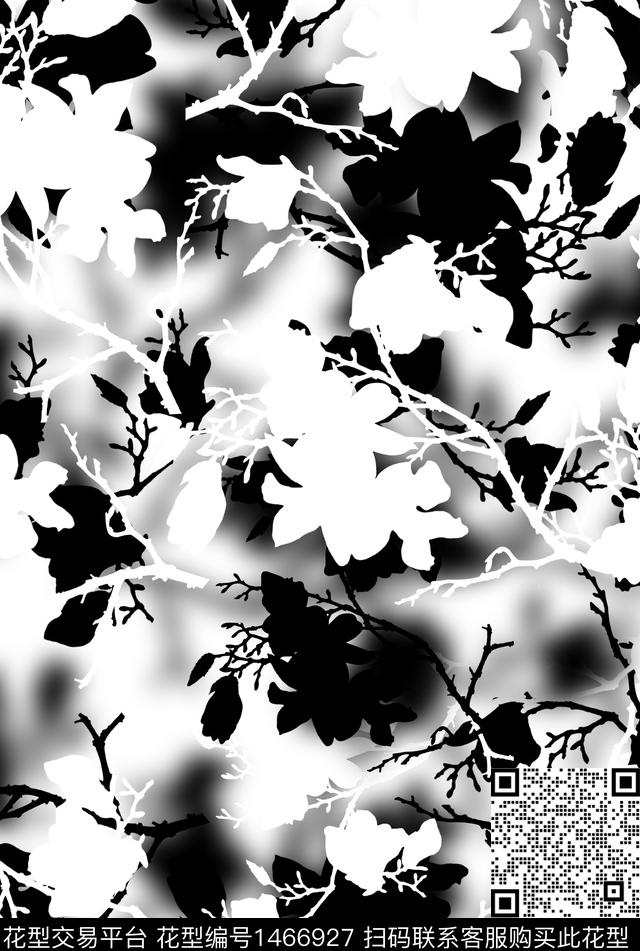 黑白华亿平台玉兰花花卉数码印花华亿平台下载（图片编号: 1466927） - 瓦栏（Walan）