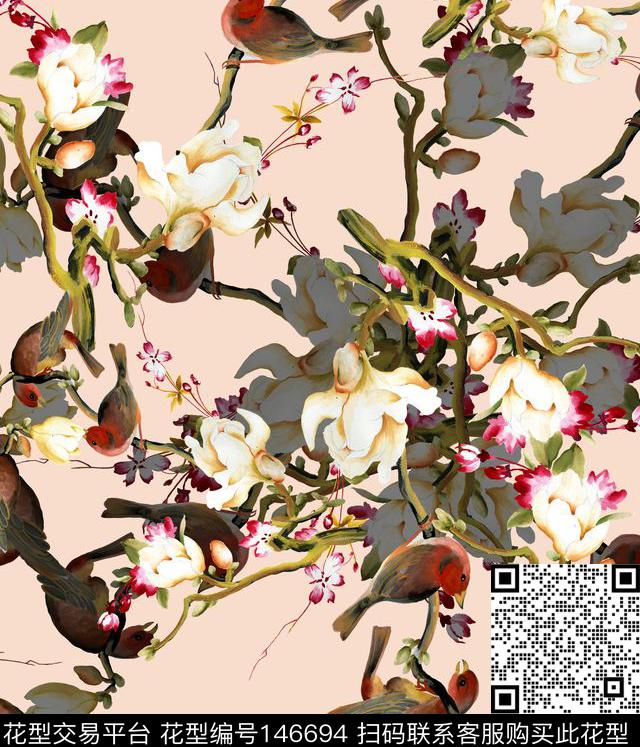 国画工笔画花卉数码印花华亿平台下载（图片编号: 146694） - 瓦栏（Walan）