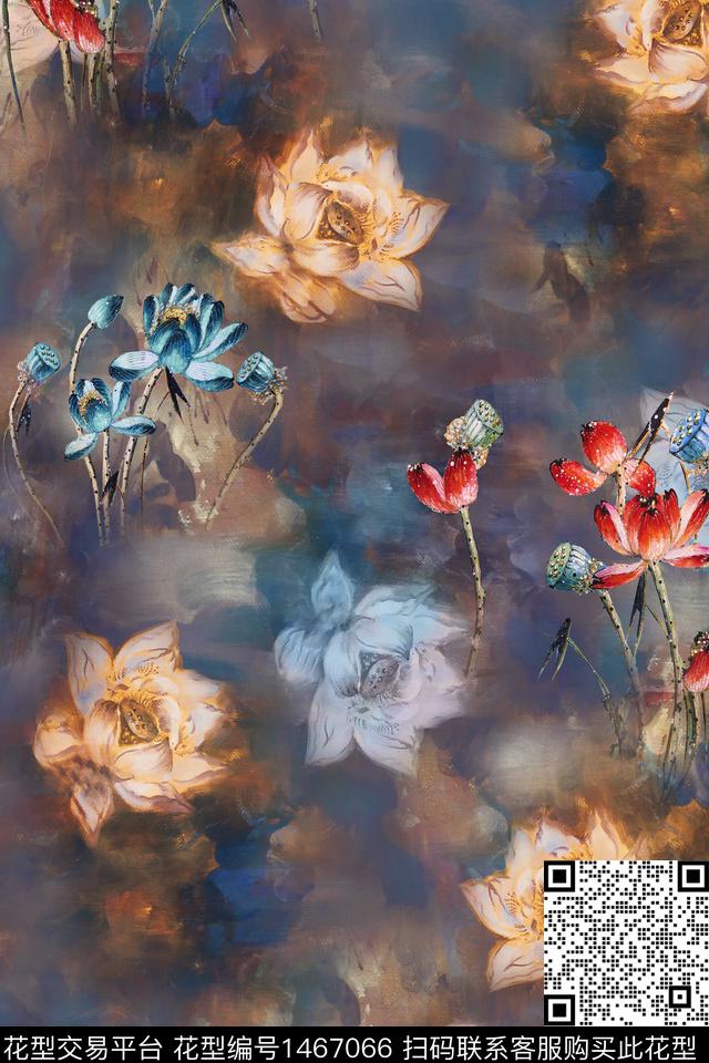中国风荷花中老年数码印花华亿平台下载（图片编号: 1467066） - 瓦栏（Walan）