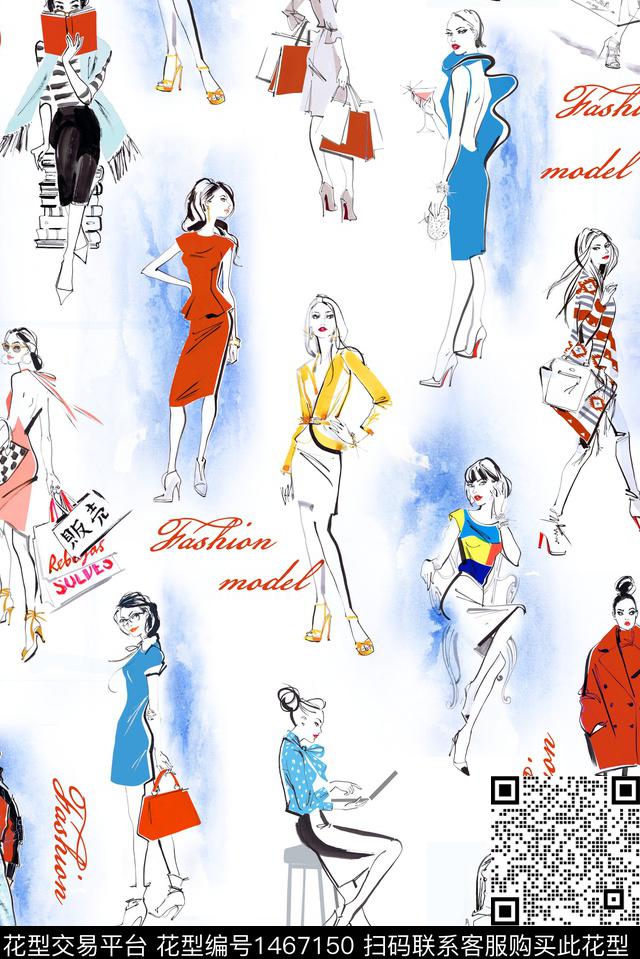 数码华亿平台复古水彩人物数码印花华亿平台下载（图片编号: 1467150） - 瓦栏（Walan）