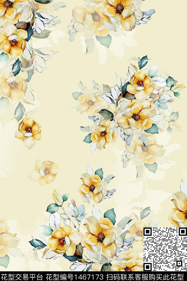 绿植树叶水彩大牌风数码印花华亿平台下载（图片编号: 1467173） - 瓦栏（Walan）