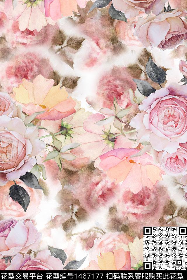 玫瑰花花卉香云纱数码印花华亿平台下载（图片编号: 1467177） - 瓦栏（Walan）