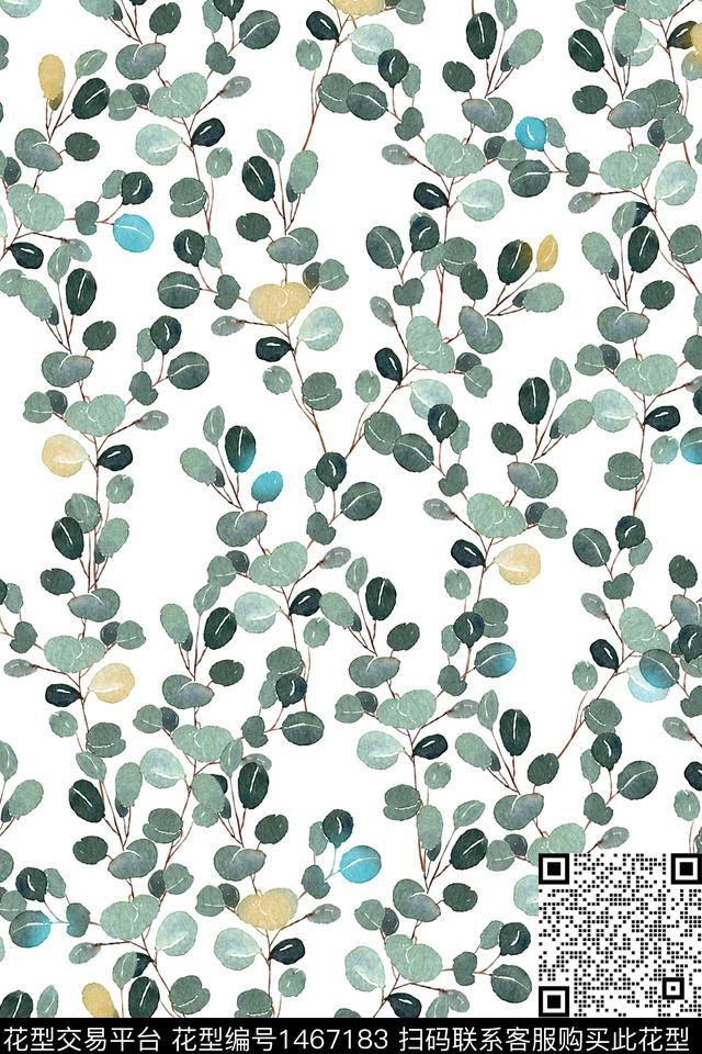 绿植树叶小清新真丝数码印花华亿平台下载（图片编号: 1467183） - 瓦栏（Walan）