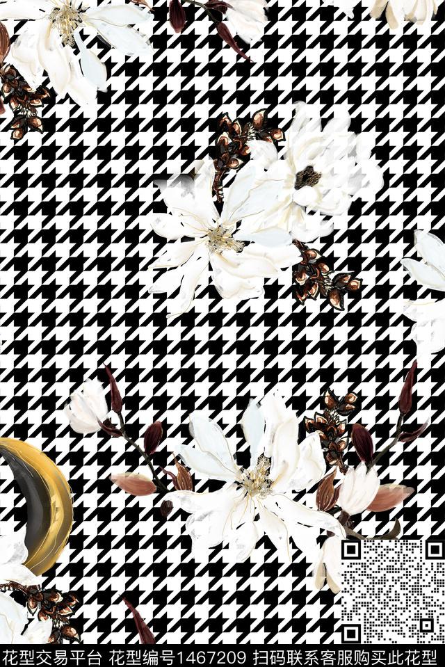 千鸟格玉兰花花卉数码印花华亿平台下载（图片编号: 1467209） - 瓦栏（Walan）