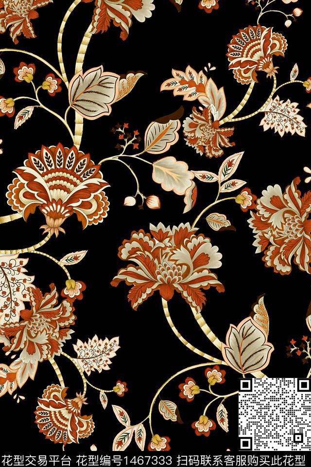 绿植树叶黑底花卉传统纹样数码印花华亿平台下载（图片编号: 1467333） - 瓦栏（Walan）