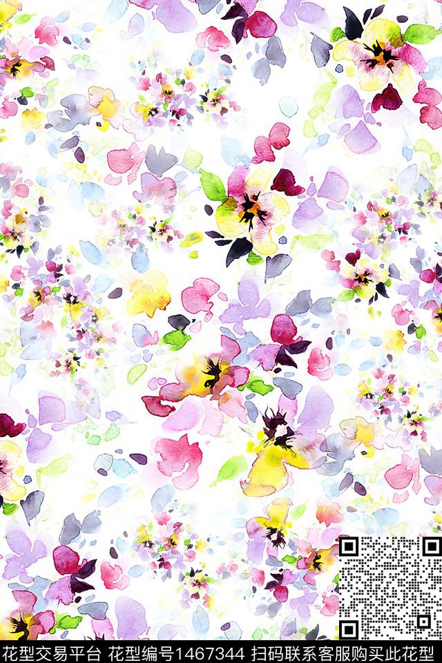 水彩抽象花卉大牌风数码印花华亿平台下载（图片编号: 1467344） - 瓦栏（Walan）