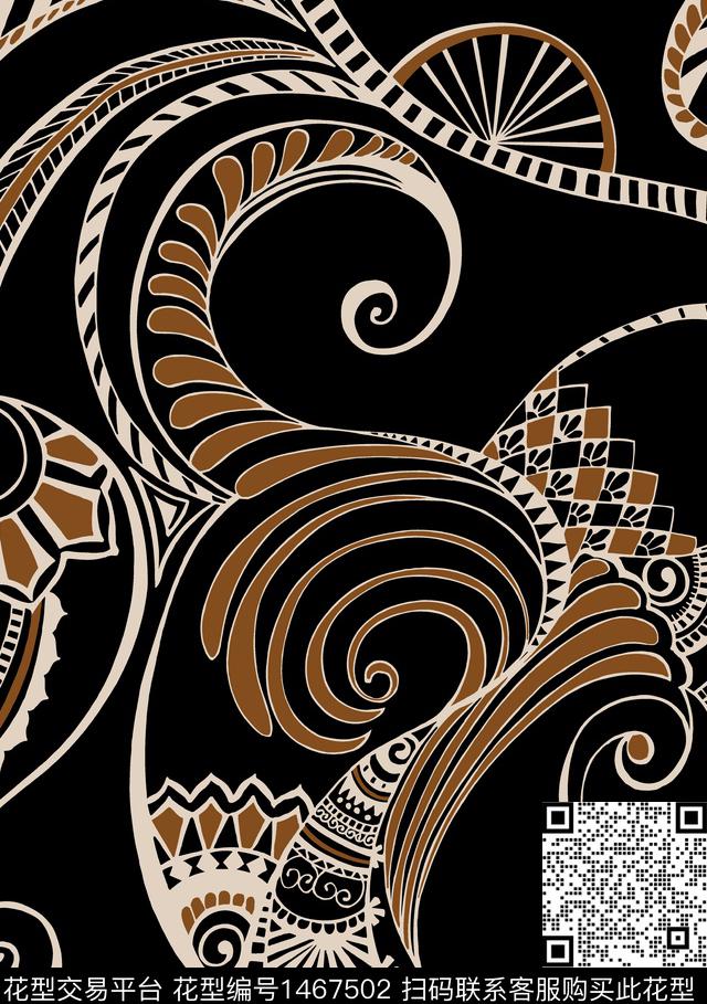 民族花卉黑底花卉传统印花华亿平台下载（图片编号: 1467502） - 瓦栏（Walan）