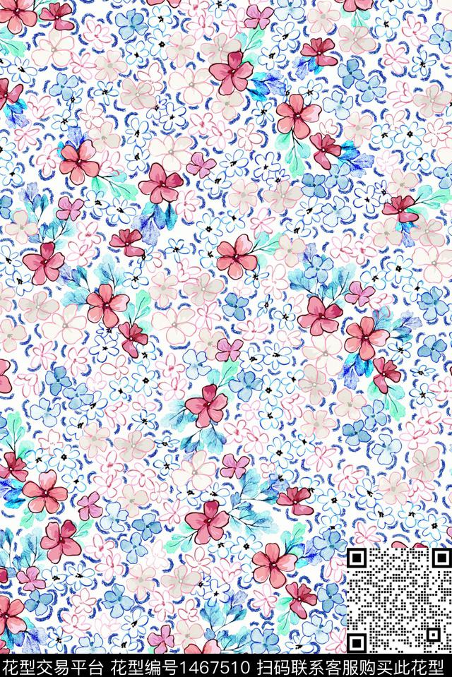 笔触手绘花卉抽象数码印花华亿平台下载（图片编号: 1467510） - 瓦栏（Walan）