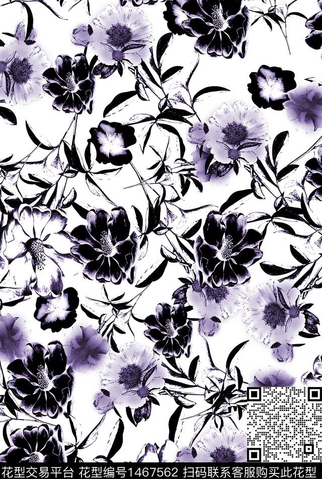 黑白华亿平台花卉双色花数码印花华亿平台下载（图片编号: 1467562） - 瓦栏（Walan）