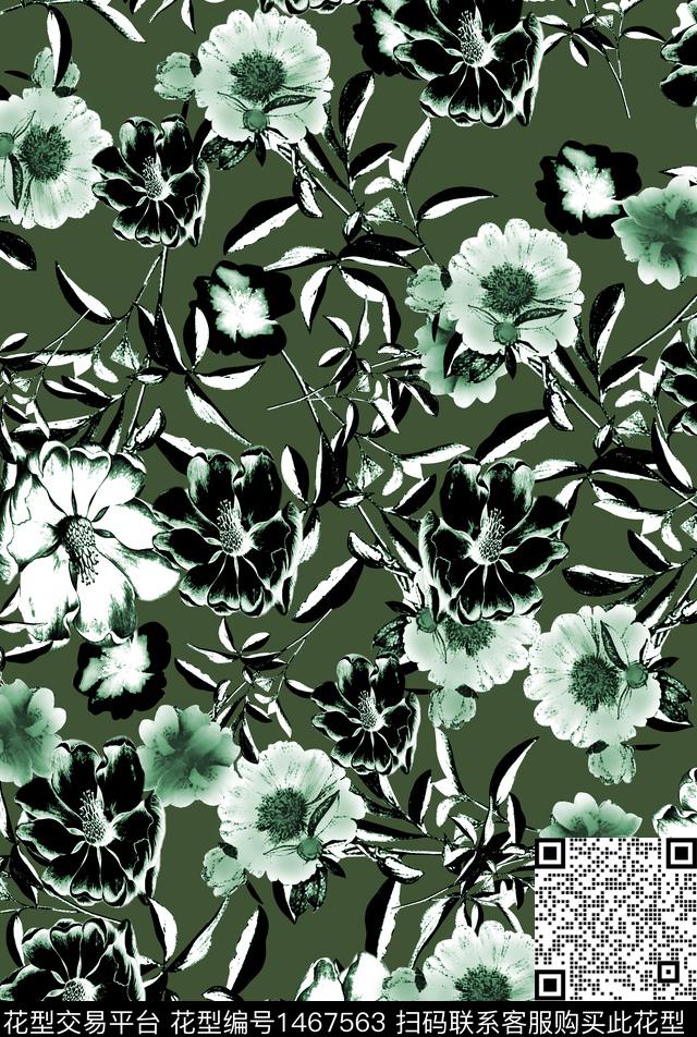 黑白华亿平台花卉双色花数码印花华亿平台下载（图片编号: 1467563） - 瓦栏（Walan）