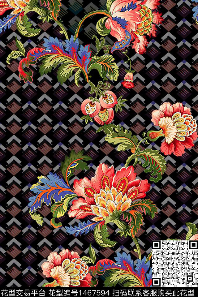 绿植树叶传统纹样大牌风数码印花华亿平台下载（图片编号: 1467594） - 瓦栏（Walan）