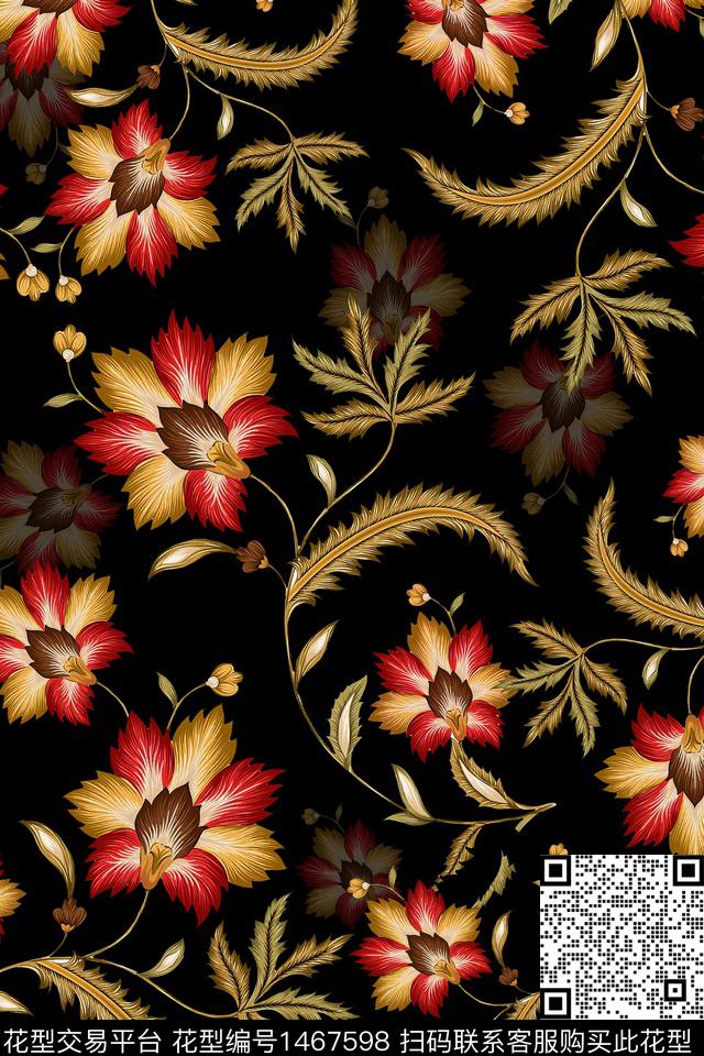 绿植树叶传统纹样大牌风数码印花华亿平台下载（图片编号: 1467598） - 瓦栏（Walan）