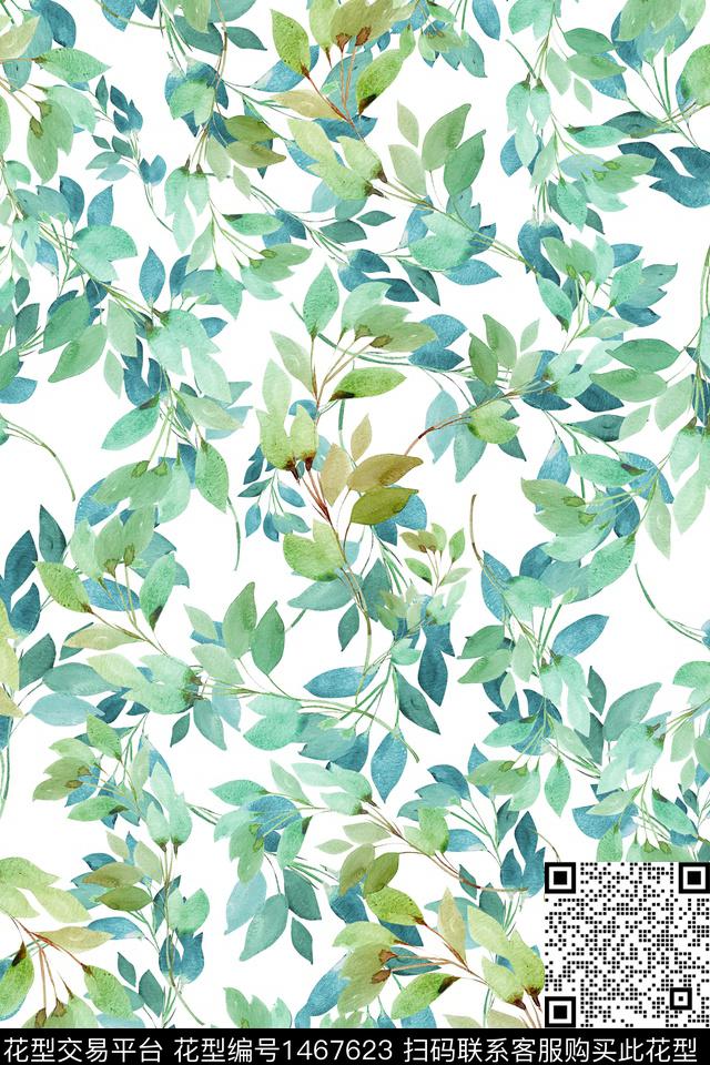绿植树叶清爽底花卉大牌风数码印花华亿平台下载（图片编号: 1467623） - 瓦栏（Walan）