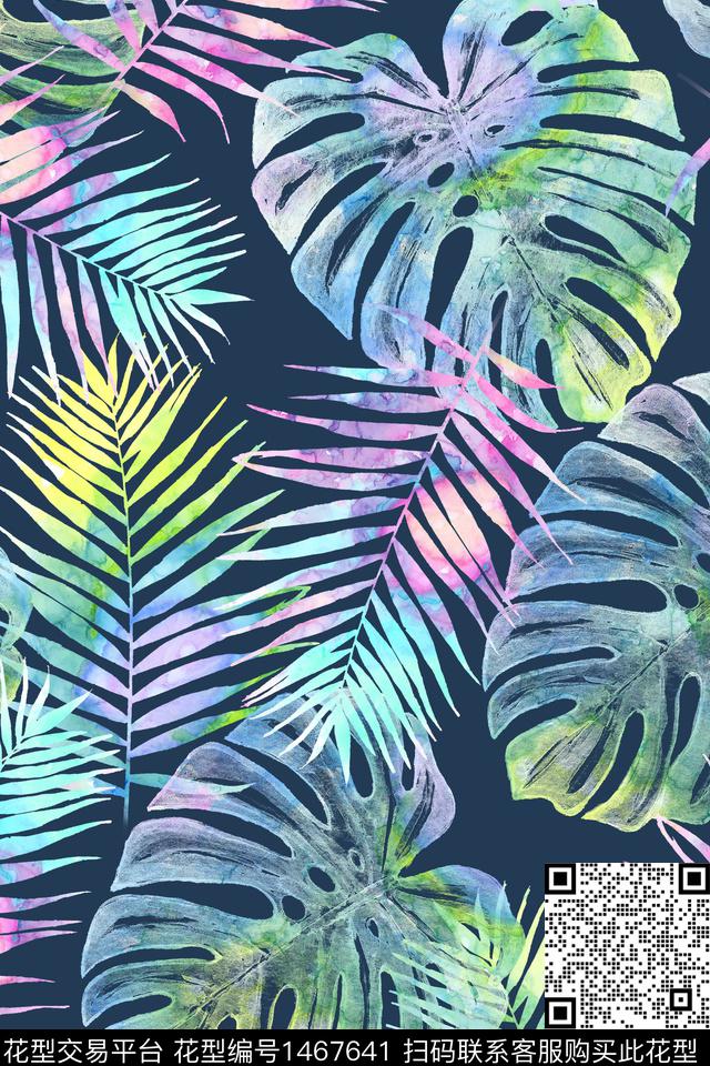 绿植树叶黑底花卉女装数码印花华亿平台下载（图片编号: 1467641） - 瓦栏（Walan）