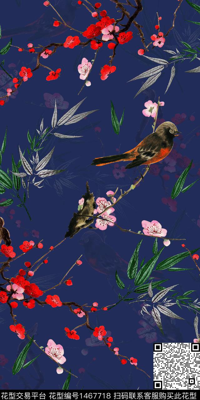 花鸟树枝旗袍数码印花华亿平台下载（图片编号: 1467718） - 瓦栏（Walan）