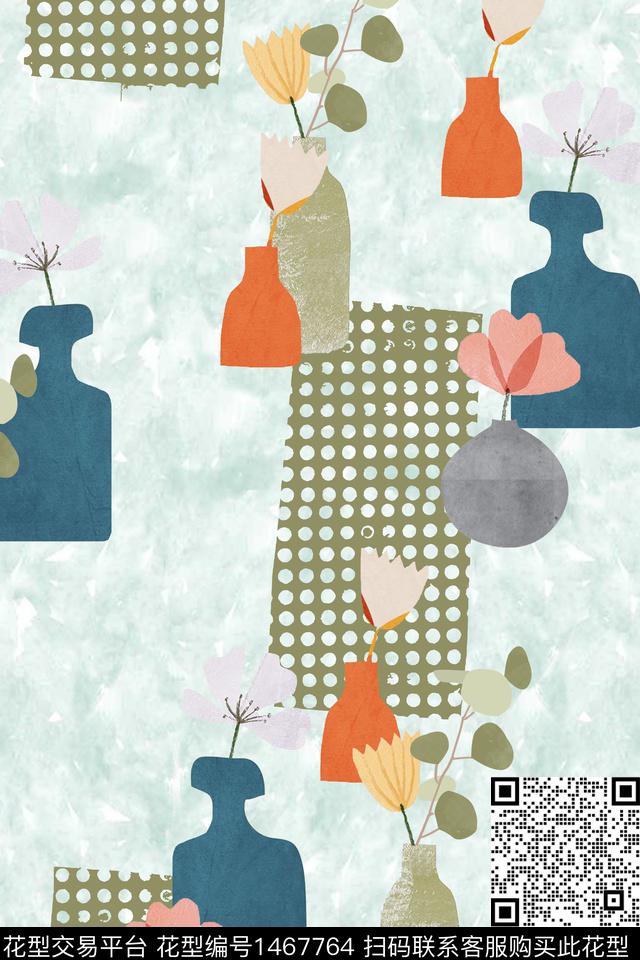 格子花瓶小清新数码印花华亿平台下载（图片编号: 1467764） - 瓦栏（Walan）