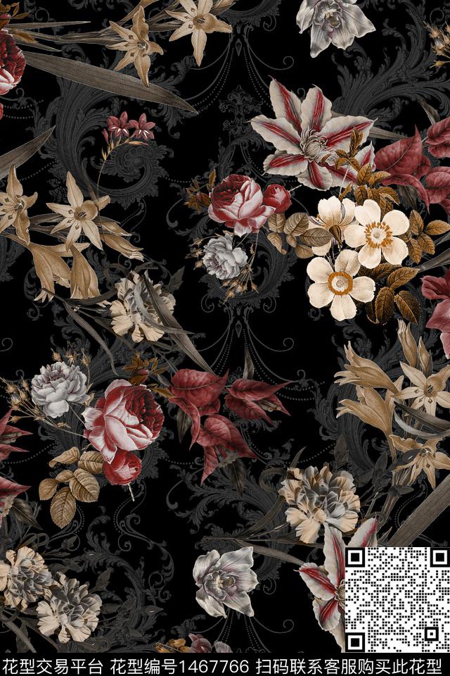 时尚花卉真丝数码印花华亿平台下载（图片编号: 1467766） - 瓦栏（Walan）