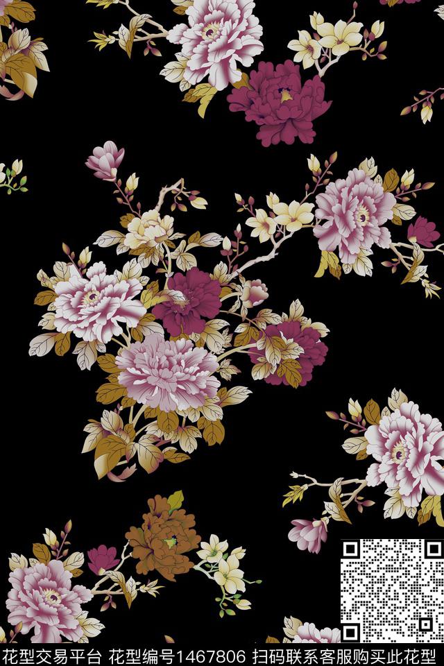 中国风真丝花卉数码印花华亿平台下载（图片编号: 1467806） - 瓦栏（Walan）