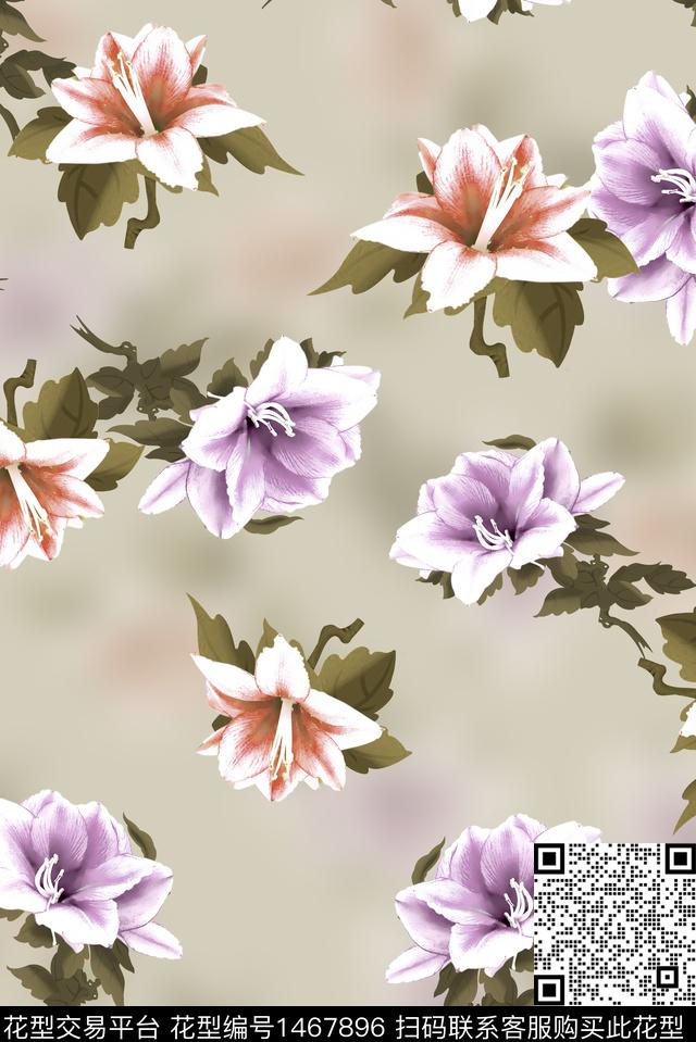 清爽底花卉百合花卉数码印花华亿平台下载（图片编号: 1467896） - 瓦栏（Walan）