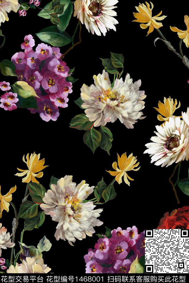 黑底花卉民族风花卉数码印花华亿平台下载（图片编号: 1468001） - 瓦栏（Walan）