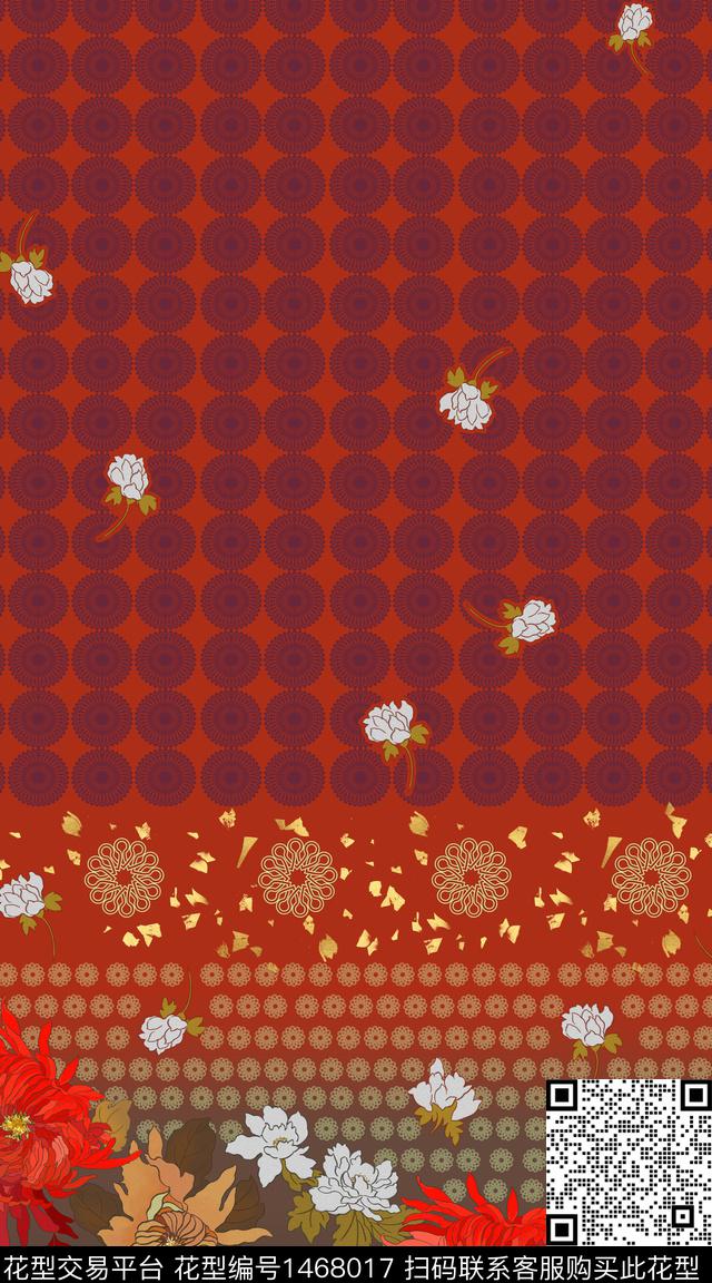 中国风手绘花卉定位花数码印花华亿平台下载（图片编号: 1468017） - 瓦栏（Walan）