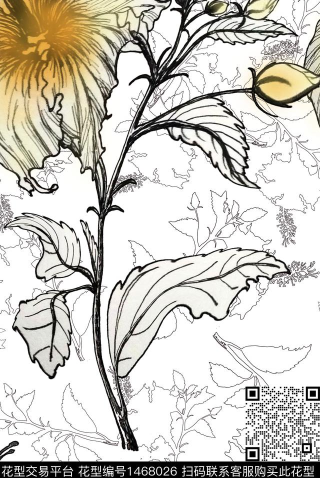 线条画花卉单朵花数码印花华亿平台下载（图片编号: 1468026） - 瓦栏（Walan）