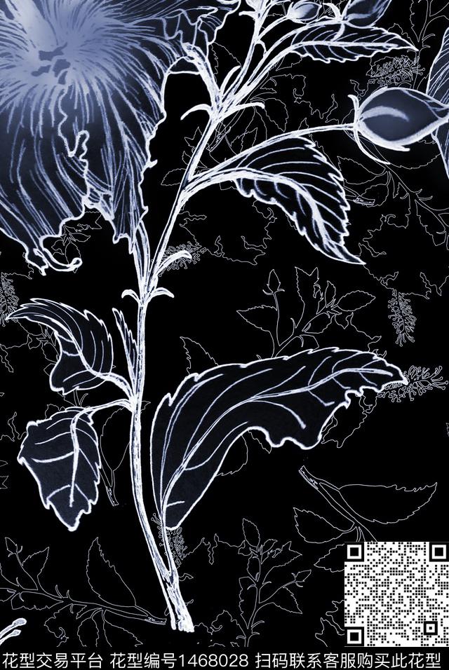 线条画花卉单朵花数码印花华亿平台下载（图片编号: 1468028） - 瓦栏（Walan）