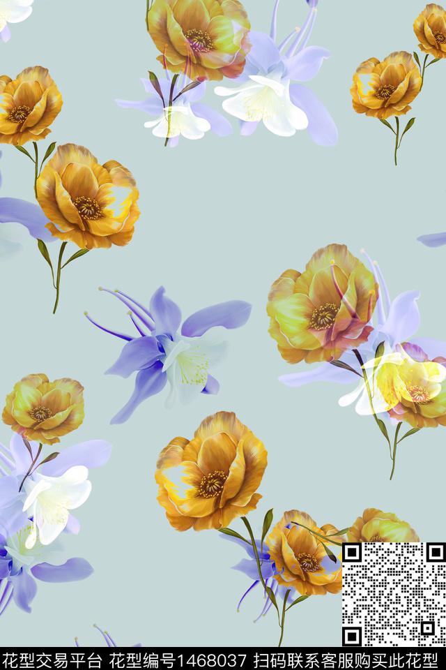 水彩花卉大牌风数码印花华亿平台下载（图片编号: 1468037） - 瓦栏（Walan）