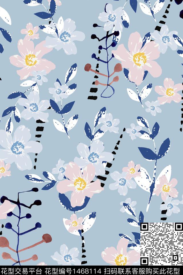 趋势华亿平台蓝色花卉数码印花华亿平台下载（图片编号: 1468114） - 瓦栏（Walan）