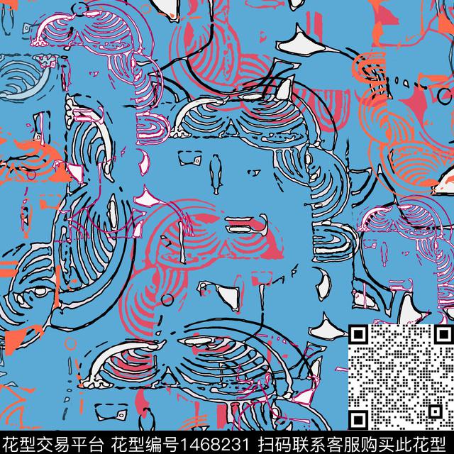 线条涂鸦人物传统印花华亿平台下载（图片编号: 1468231） - 瓦栏（Walan）