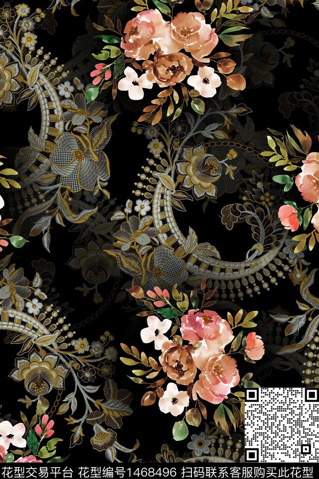 绿植树叶传统纹样大牌风数码印花华亿平台下载（图片编号: 1468496） - 瓦栏（Walan）