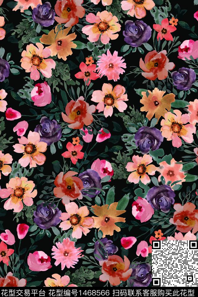 真丝小碎花水彩花卉数码印花华亿平台下载（图片编号: 1468566） - 瓦栏（Walan）