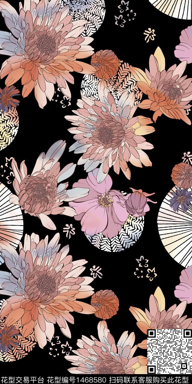 几何数码华亿平台黑底花卉数码印花华亿平台下载（图片编号: 1468580） - 瓦栏（Walan）