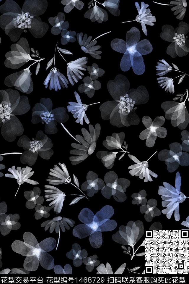 黑底花卉清爽底花卉大牌风数码印花华亿平台下载（图片编号: 1468729） - 瓦栏（Walan）