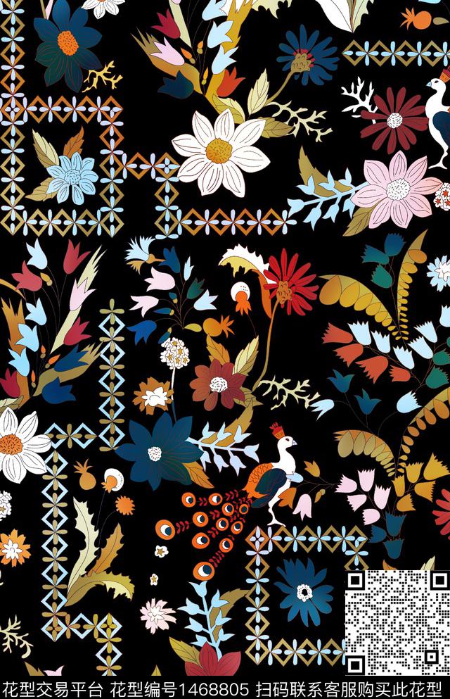 几何数码华亿平台黑底花卉数码印花华亿平台下载（图片编号: 1468805） - 瓦栏（Walan）