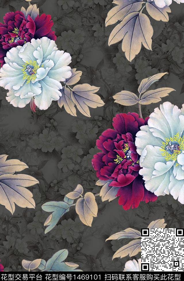 旗袍香云纱牡丹数码印花华亿平台下载（图片编号: 1469101） - 瓦栏（Walan）