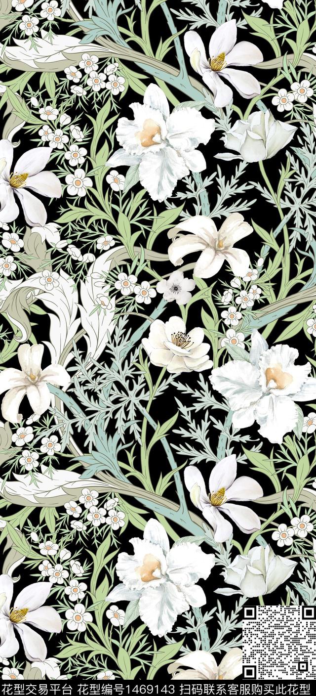 数码华亿平台黑底花卉清爽底花卉数码印花华亿平台下载（图片编号: 1469143） - 瓦栏（Walan）