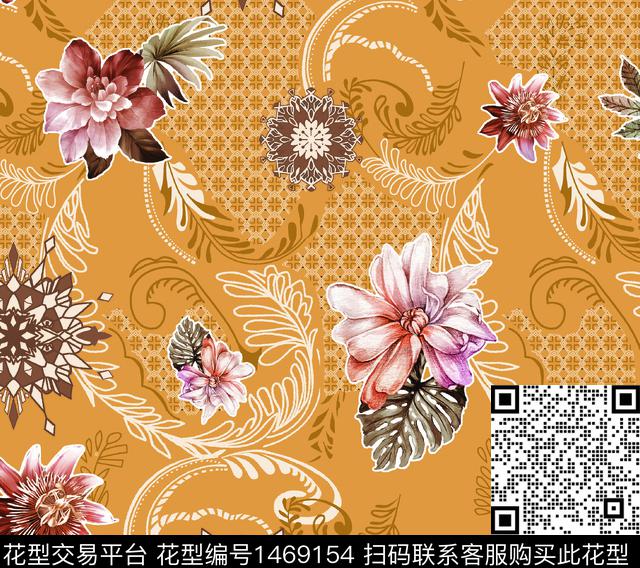 彩底花卉花卉混合拼接数码印花华亿平台下载（图片编号: 1469154） - 瓦栏（Walan）