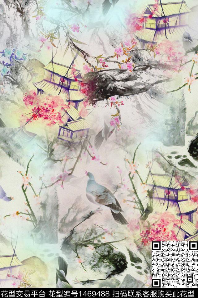 花鸟数码华亿平台水彩花卉数码印花华亿平台下载（图片编号: 1469488） - 瓦栏（Walan）