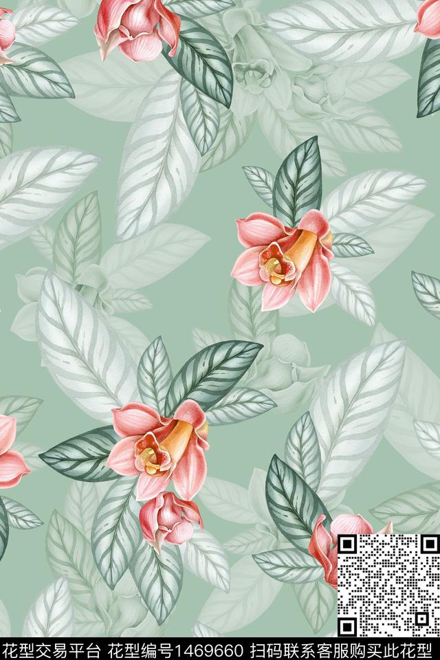 绿植树叶清爽底花卉花卉数码印花华亿平台下载（图片编号: 1469660） - 瓦栏（Walan）
