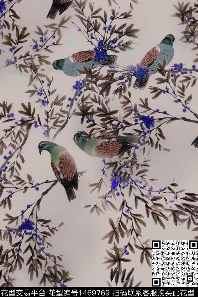 鸟花卉丝麻华亿平台数码印花华亿平台下载（图片编号: 1469769） - 瓦栏（Walan）