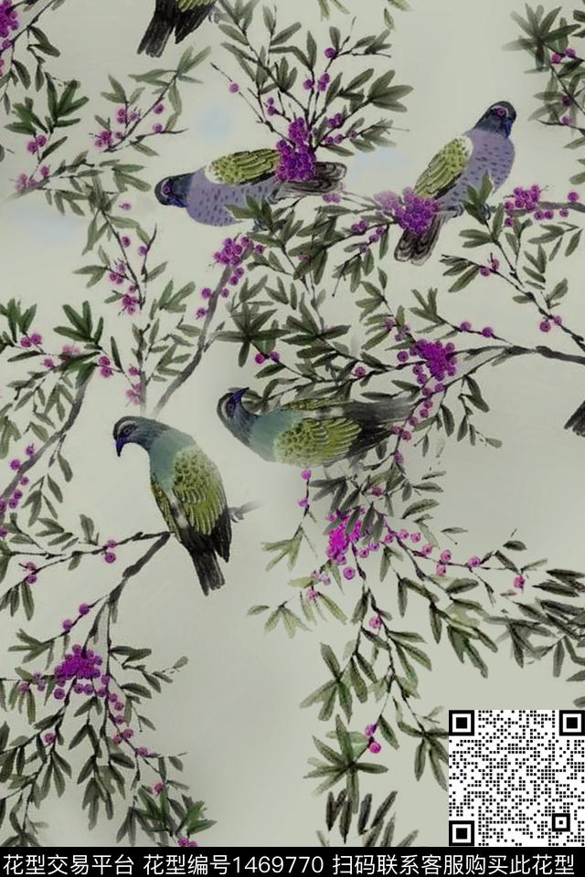 鸟花卉丝麻华亿平台数码印花华亿平台下载（图片编号: 1469770） - 瓦栏（Walan）