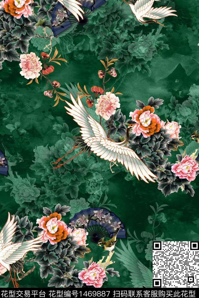 仙鹤花卉真丝数码印花华亿平台下载（图片编号: 1469887） - 瓦栏（Walan）