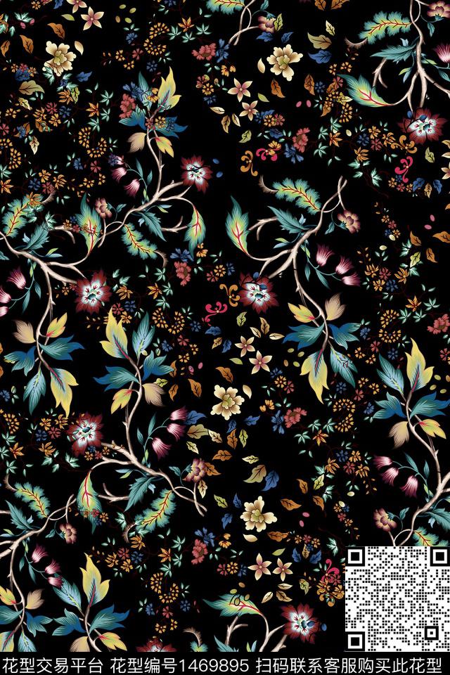 黑底花卉佩斯利民族风数码印花华亿平台下载（图片编号: 1469895） - 瓦栏（Walan）
