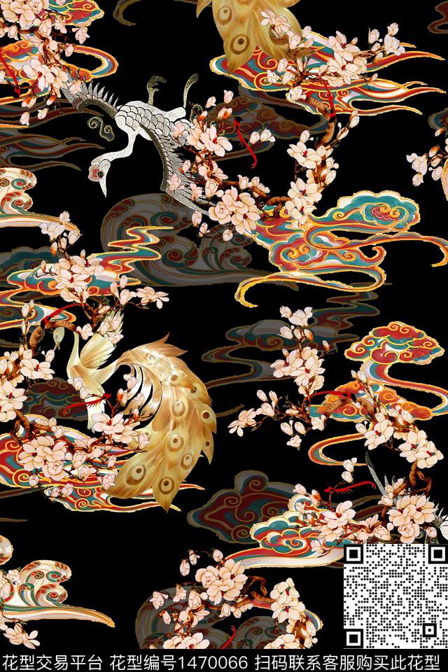 仙鹤花卉中国风数码印花华亿平台下载（图片编号: 1470066） - 瓦栏（Walan）