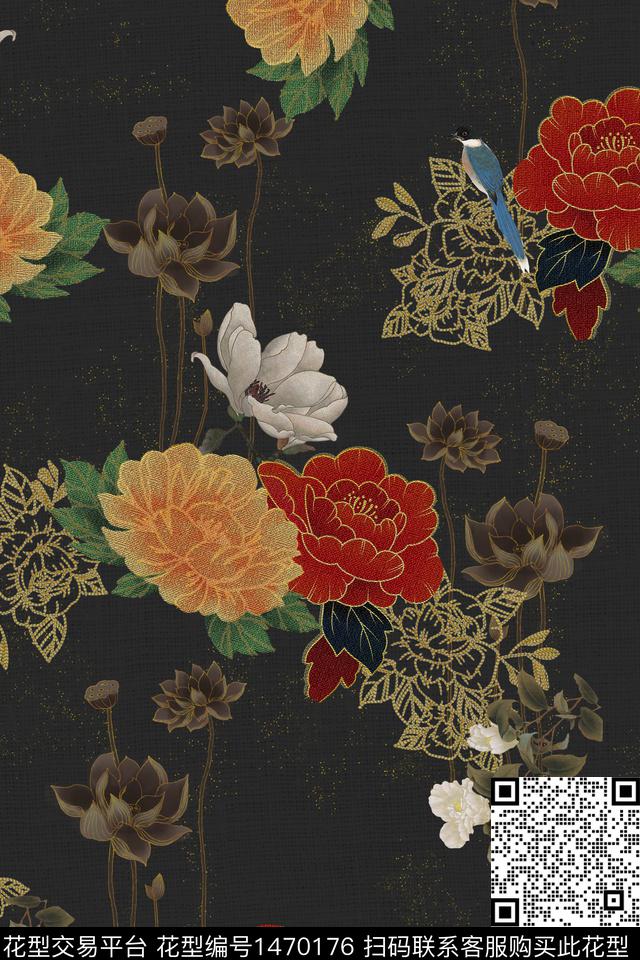 荷花香云纱中国风花卉数码印花华亿平台下载（图片编号: 1470176） - 瓦栏（Walan）