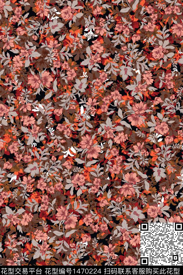 手绘花卉中老年小碎花数码印花华亿平台下载（图片编号: 1470224） - 瓦栏（Walan）