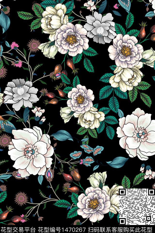 黑底花卉花卉大牌风数码印花华亿平台下载（图片编号: 1470267） - 瓦栏（Walan）